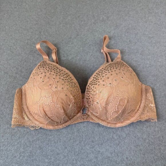 Victoria's Secret 36C Lace Underwire Plunge‎ Bra Rhinestones Tan Cream Gold Sexy - Picture 1 of 12